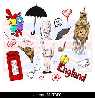 Hand drawn set of England symbols. Vector illustration in sketch style. Stock Vector