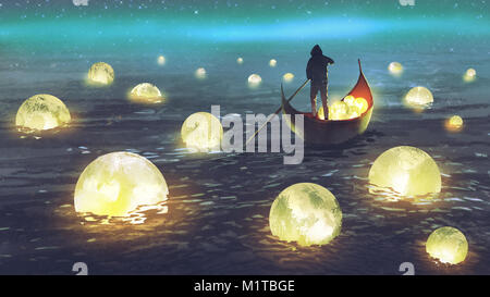 night scenery of a man rowing a boat among many glowing moons floating on the sea, digital art style, illustration painting Stock Photo