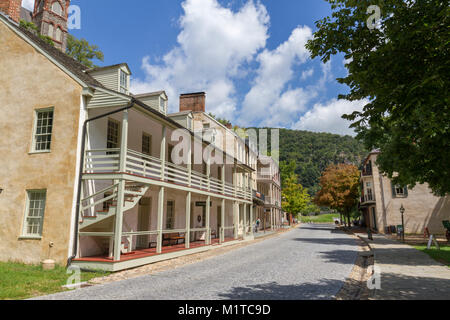 View up Shenandoah St in Harper's Ferry National Historic Park, Jefferson County, West Virginia, United States. Stock Photo