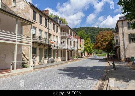 View up Shenandoah St in Harper's Ferry National Historic Park, Jefferson County, West Virginia, United States. Stock Photo