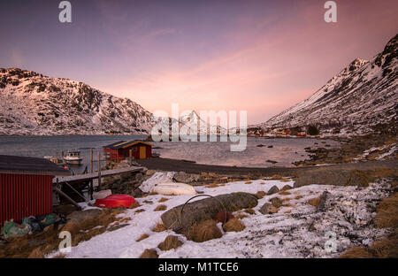 A small fishing village on the southern tip of the island of Flakstadøya in the Lofoten Islands, Norway Stock Photo