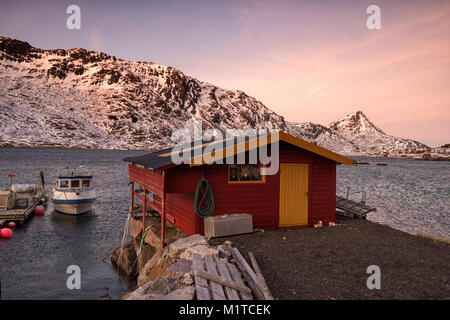 A small fishing village on the southern tip of the island of Flakstadøya in the Lofoten Islands, Norway Stock Photo