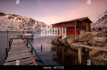 A small fishing village on the southern tip of the island of Flakstadøya in the Lofoten Islands, Norway Stock Photo