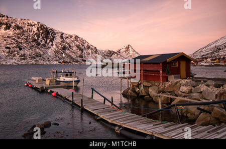 A small fishing village on the southern tip of the island of Flakstadøya in the Lofoten Islands, Norway Stock Photo