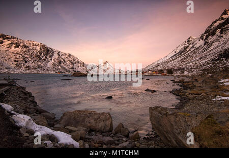 A small fishing village on the southern tip of the island of Flakstadøya in the Lofoten Islands, Norway Stock Photo