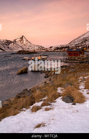 A small fishing village on the southern tip of the island of Flakstadøya in the Lofoten Islands, Norway Stock Photo