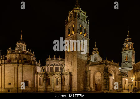 Santa Maria Cathedral in Lugo city, region of Galicia, Spain, illuminated of night Stock Photo