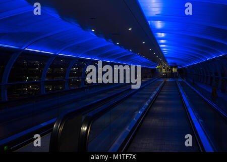 Futuristic blue tunnel, Manchester airport Stock Photo