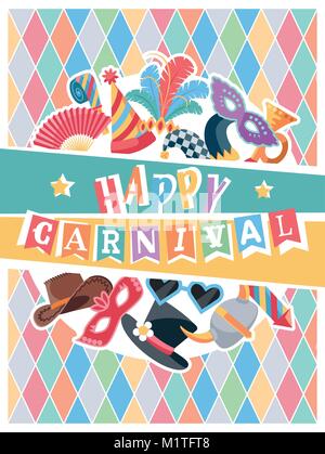 Greeting poster for Carnival with colorful festive elements. Flat design. Vector illustration. Stock Vector