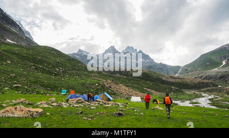 camp in sonamarg trek route Himalaya in Kashmir, India. Stock Photo
