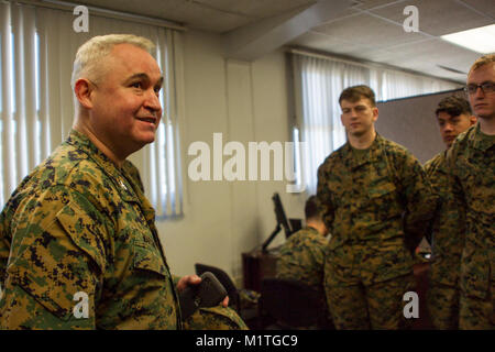 Col. Ricardo Martinez, chief of staff, Marine Air Ground Task Force Training Command, Marine Corps Air Ground Combat Center, speaks to Marines with the Fleet Assistance Program at the opening of the Tax Center aboard MCAGCC, Jan. 29, 2018. The Tax Center offers free assistance to Marines during Tax season. (U.S. Marine Corps Stock Photo