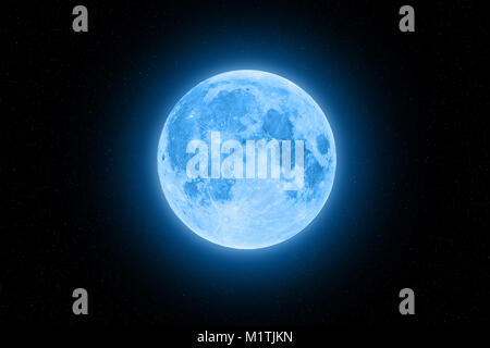 Blue super moon glowing with blue halo surrounded by small stars on black sky background Stock Photo