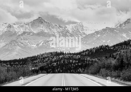 Driving the George Parks Highway near Denali National Park and Preserve in Alaska. In the back, the Alaska range with clouds and forest are visible. T Stock Photo