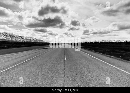 On the Road in Alaska between Anchorage and Fairbanks near Denali National Park in black and white. Stock Photo