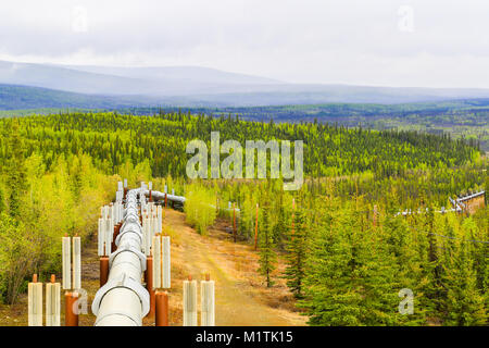 Fairbanks, Alaska, USA - MAY 23, 2017: The Alaska Pipeline in the wilderness between Fairbanks and Coldfoot. Stock Photo