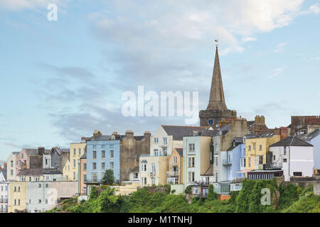 An image of the beautiful pastel colored buildings that overlook Tenby Harbour, Tenby, South Wales, UK
