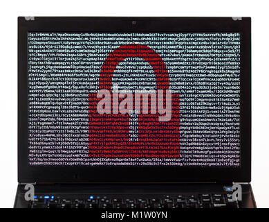 Red lock over encrypted text on a laptop screen against a white background - cyber crime Stock Photo