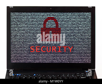 Security text with red lock over encrypted text on a laptop screen against a white background - cyber crime Stock Photo