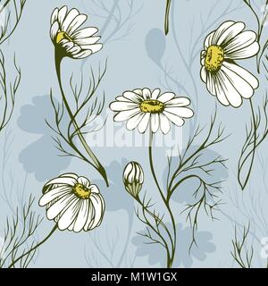 Chamomile flower vector seamlees pattern herbal texture on blue background Stock Vector