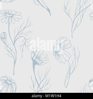 Chamomile flower vector seamlees pattern herbal texture on bright background Stock Vector