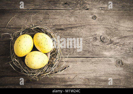 Easter Eggs in bird Nest on rustic wooden background. Decorated easter eggs with feathers in nest on old wooden table with copy space. Spring, Easter  Stock Photo