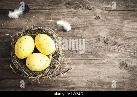 Easter Eggs in bird Nest on rustic wooden background. Decorated easter eggs with feathers in nest on old wooden table with copy space. Spring, Easter  Stock Photo