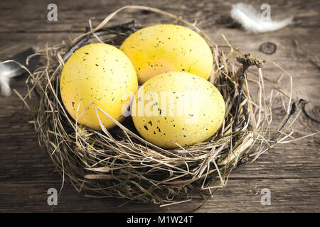 Easter Eggs in bird Nest on rustic wooden background. Decorated easter eggs with feathers in nest on old wooden table with copy space. Spring, Easter  Stock Photo