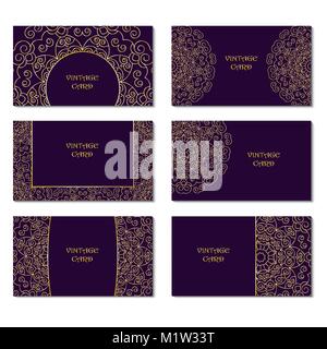 Vector card set. Dark purple background with gold round lace pattern Stock Vector