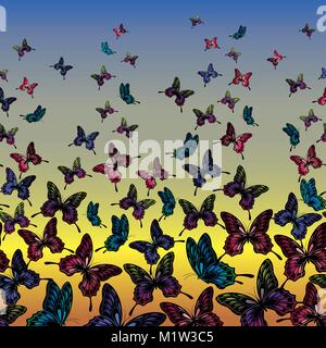 Colorful flying butterflies in the sky, vector image Stock Vector