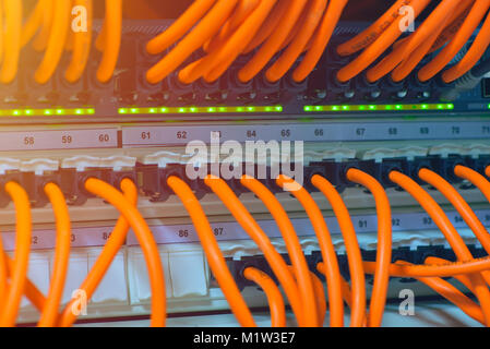 Information Technology Computer Network, Telecommunication Ethernet Cables Connected to Internet Switch. Stock Photo