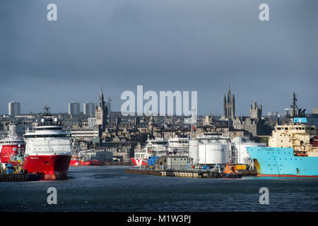 February 1st 2018: A view of Aberdeen harbour and city centre, Aberdeen, Scotland, UK . Stock Photo