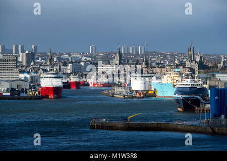 February 1st 2018: A view of Aberdeen harbour and city centre, Aberdeen, Scotland, UK . Stock Photo