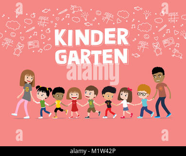 Kindergarten or preschool children walking with teachers. Cartoon illustration of cheerful kids together with adults Stock Photo