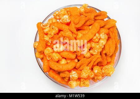 Orange Cheese Puff and popcorn Snack Background Stock Photo