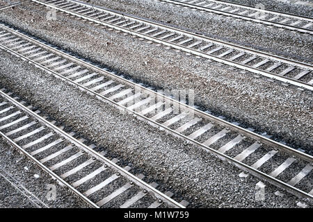 Four straight railroad tracks. Aerial perspective view. Stock Photo