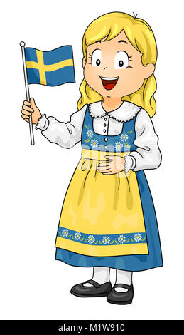 Illustration of a Kid Girl Wearing Sweden National Costume and Holding a Flag Stock Photo