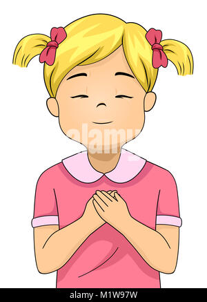 Colorful Illustration Featuring a Little Girl Closing Her Eyes and Pressing Her Hands Against Her Chest as She Prays Stock Photo