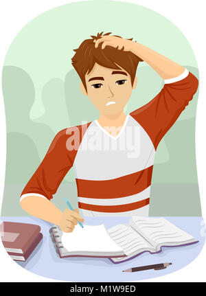 Illustration Featuring a Young Teenage Guy Scratching His Head in Frustration While Studying Stock Photo