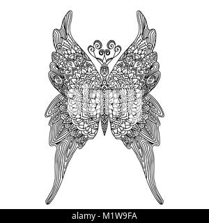 Butterfly in mandala style for adults coloring book. Anti-stress coloring paper. Zentangle pattern. Vector illustration. Stock Vector