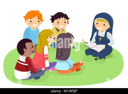 Stickman Illustration Featuring Teenagers Listening to a Nun Read the Bible Stock Photo