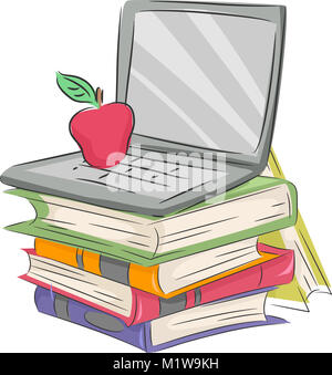 Illustration Featuring a Laptop With an Apple on its Keyboard Resting on Top of a Pile of Books