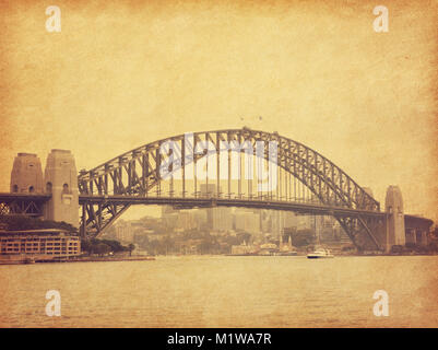 Sydney Harbour Bridge in retro style, Australia.  Added paper texture. Toned image Stock Photo
