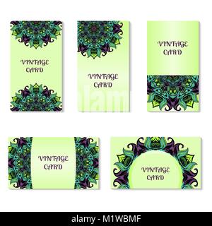 Vector card set. Dark purple background. Round lace pattern Stock Vector