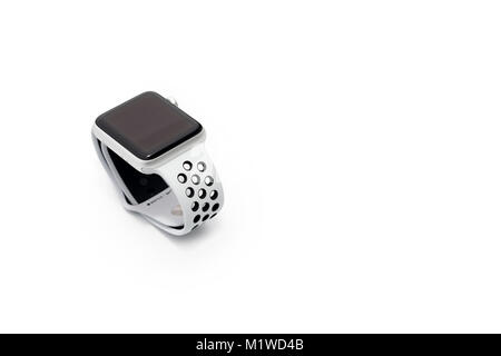 KYIV, UKRAINE - 26 JANUARY, 2018: A new Apple Watch closeup on white table at the Apple Store. Stock Photo