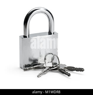 Metallic padlock with  keys in keyhole isolated on white with clipping path Stock Photo
