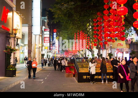 GUANGZHOU, CHINA - JANUARY 2, 2018: Beijing Road Pedestrian Street in old part of Guangzhou crowded with people and decorated for Spring festival at n Stock Photo