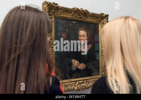 London, UK. 2nd Feb, 2018. Staff members view a portrait of Millicent Fawcett, by Annie Swynnerton, on display at Tate Britain to mark the centenary of the women's right to vote, as embodied in the Representation of the People Act. Millicent Fawcett was a leading figure in the suffragist movement, campaigning for the right for women to vote in the UK, while Annie Swynnerton was one of the first women elected to be a member of the Royal Academy of Arts. Credit: Stephen Chung/Alamy Live News Stock Photo