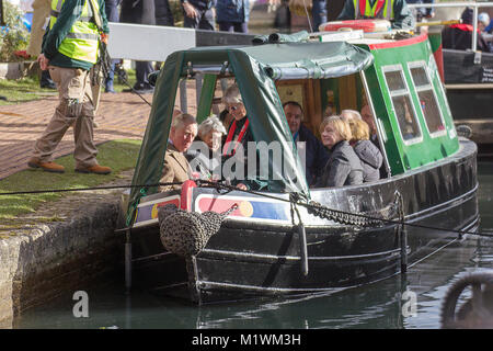 Stroud, Gloucestershire, UK. 2nd February, 2018. HRH The Prince of Wales on board the narrow boat Perseverance at Wallbridge Lock, Stroud, UK. Prince Charles visited to officially open the newly restored Wallbridge Lower Lock, part of the Cotswold Canals Project. Picture: Carl Hewlett/Alamy Live News Stock Photo