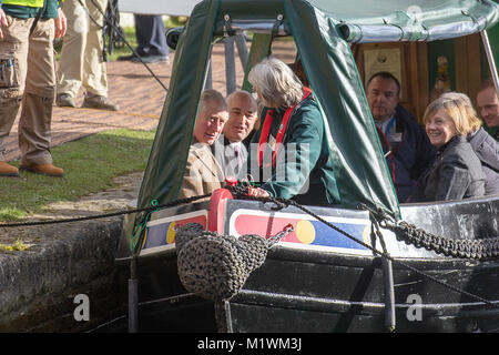 Stroud, Gloucestershire, UK. 2nd February, 2018. HRH The Prince of Wales on board the narrow boat Perseverance at Wallbridge Lock, Stroud, UK. Prince Charles visited to officially open the newly restored Wallbridge Lower Lock, part of the Cotswold Canals Project. Picture: Carl Hewlett/Alamy Live News Stock Photo