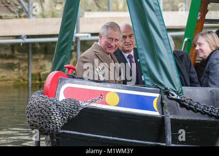 Stroud, Gloucestershire, UK. 2nd February, 2018. HRH The Prince of Wales on board the narrow boat Perseverance at Wallbridge Lock, Stroud, UK. Prince Charles visited to officially open the newly restored Wallbridge Lower Lock, part of the Cotswold Canals Project. Picture: Carl Hewlett/Alamy Live News Stock Photo